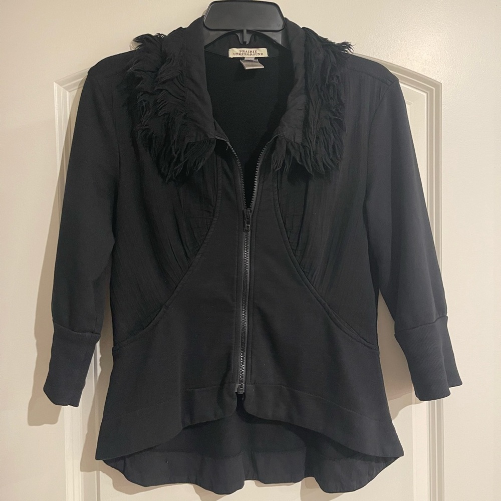 Prairie Underground Black 100% Organic Cotton Zip-Up Jacket with Fringe Detail